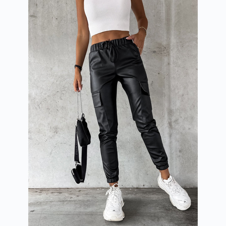 Damen Kunstleder Jogginghose mit praktischen Taschen und elastischem Bund Drune