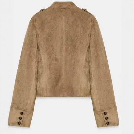 Damen Cropped Velourslederblouson im Military‑Look mit dekorativer Paradeknopfleiste Drune