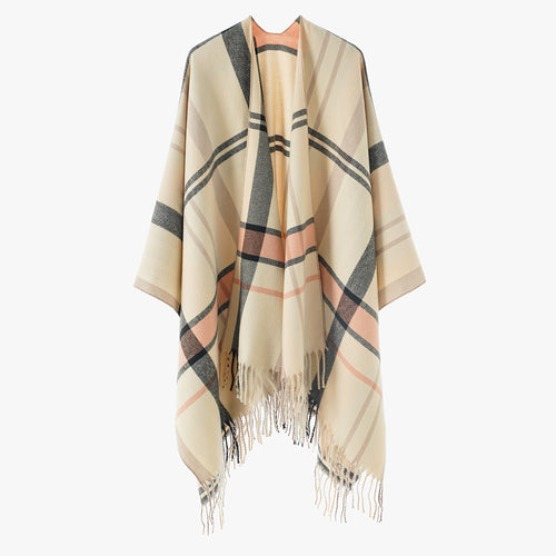 Damen Oversize Poncho-Cape mit Karomuster und Fransen Drune