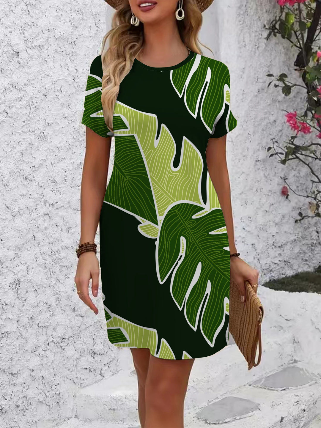Damen Kurzarm Kleid mit floralem Linienmuster Drune