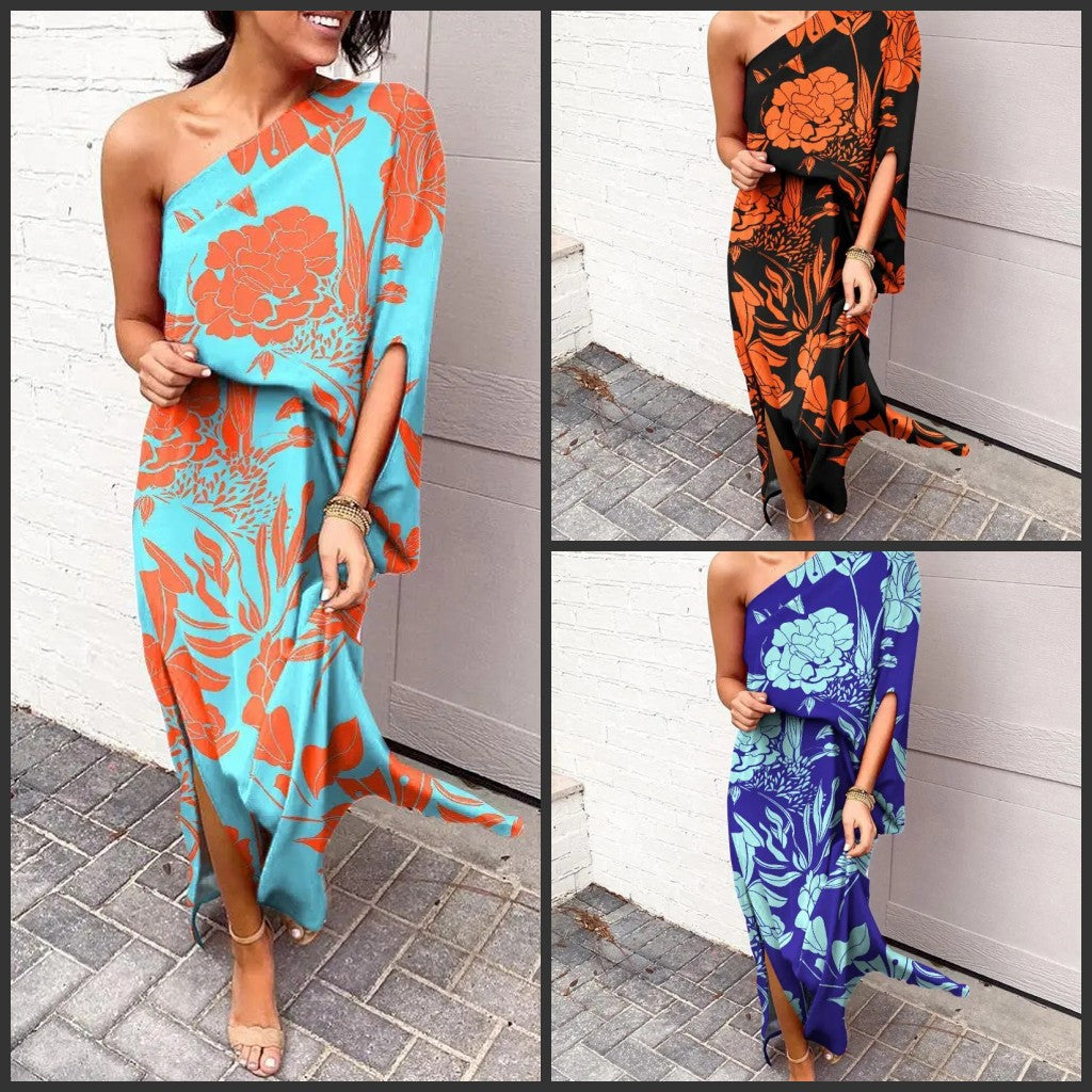Damen Elegantes Maxikleid mit einem Schulterdesign und floralen Mustern Drune