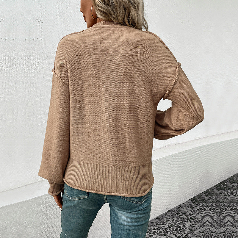 Damen Oversize Rundhals-Strickpullover mit aufgesetzter Brusttasche und fransiger Saumnaht Drune