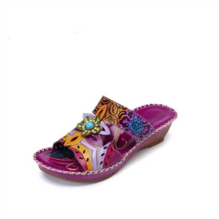 Damen Keil‑Pantolette mit Blumendekor und handgefertigten Lederapplikationen Drune