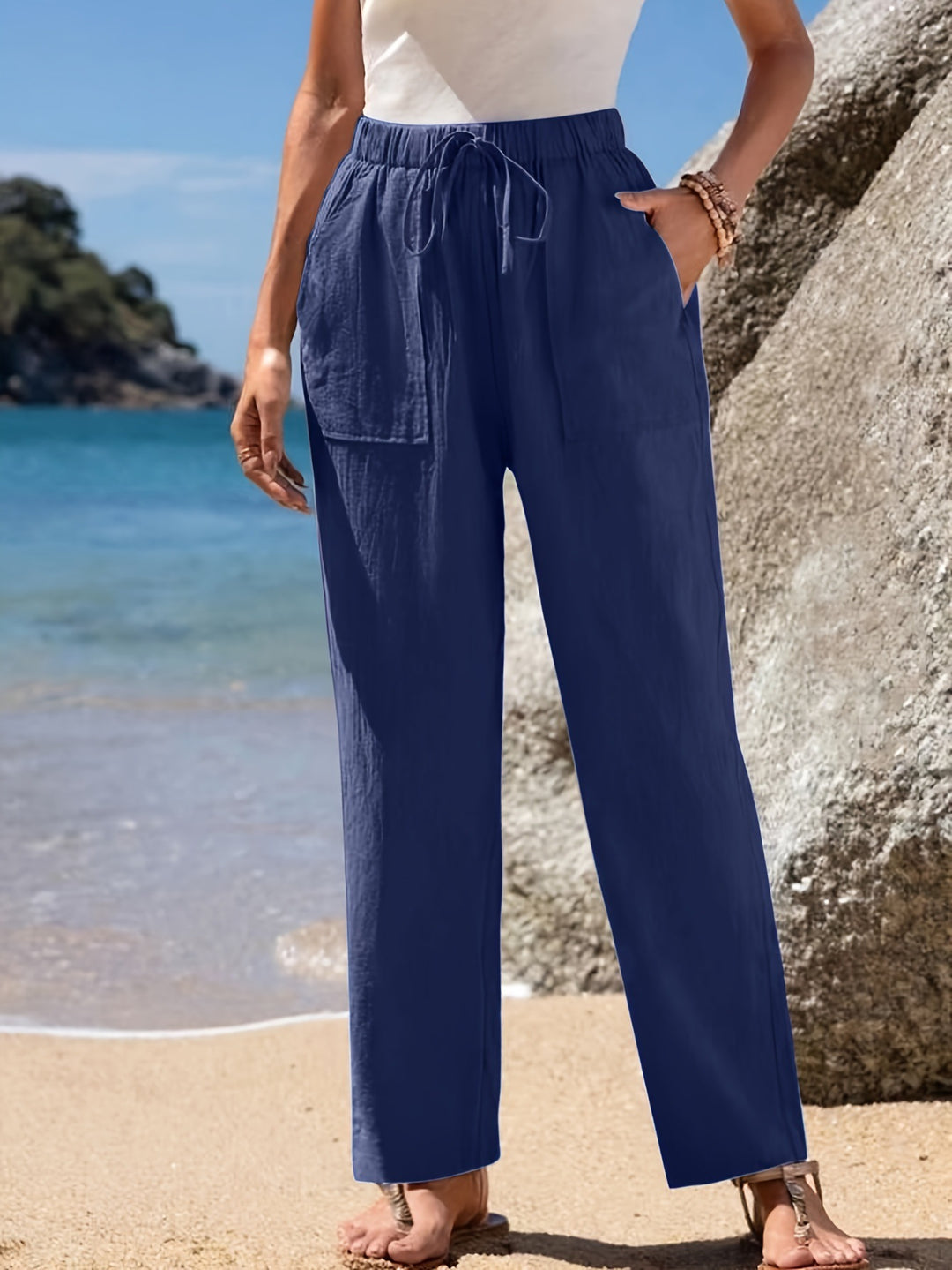 Damen Locker geschnittene Strandhose mit praktischen Taschen und elastischem Bund Drune