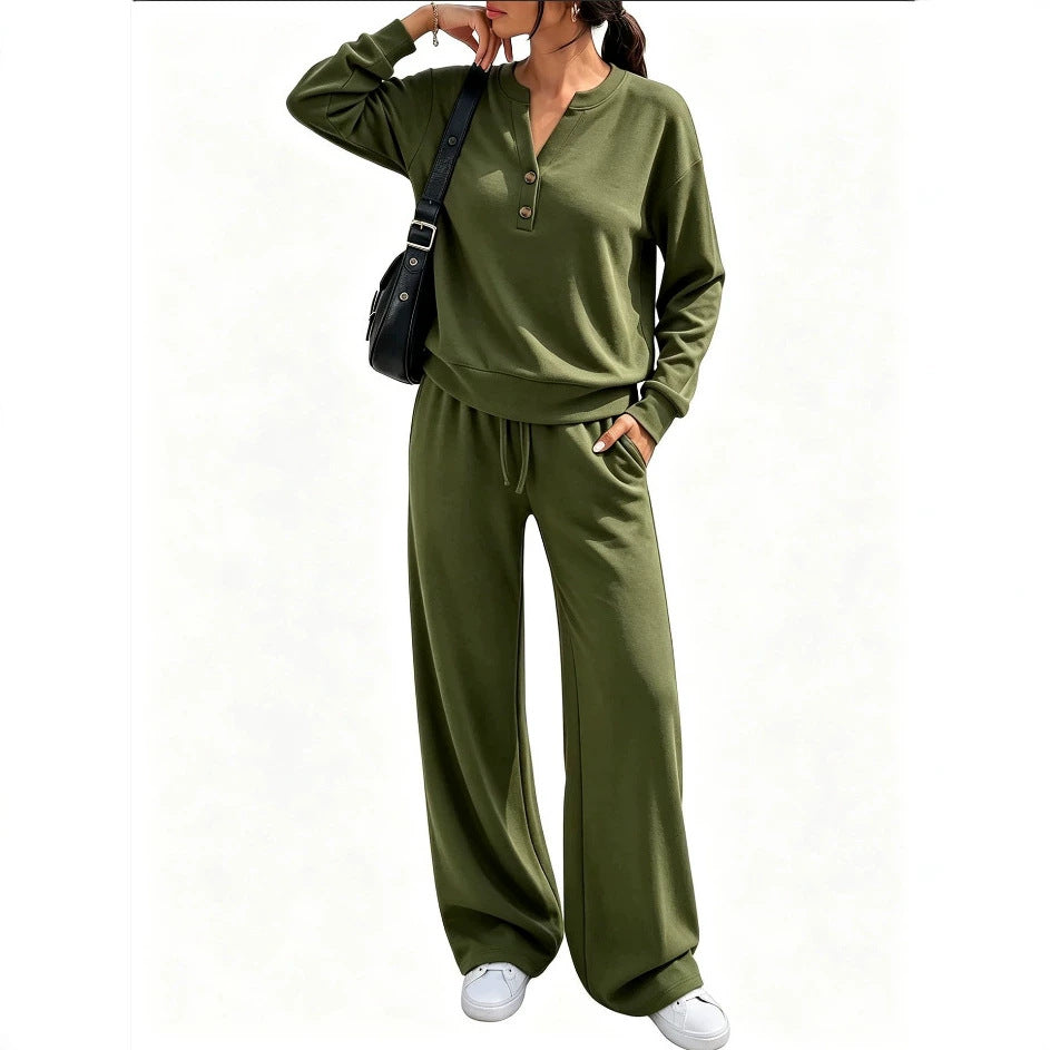 Damen Lounge-Set mit Henley-Kragen und palazzoweiter Jogginghose Drune
