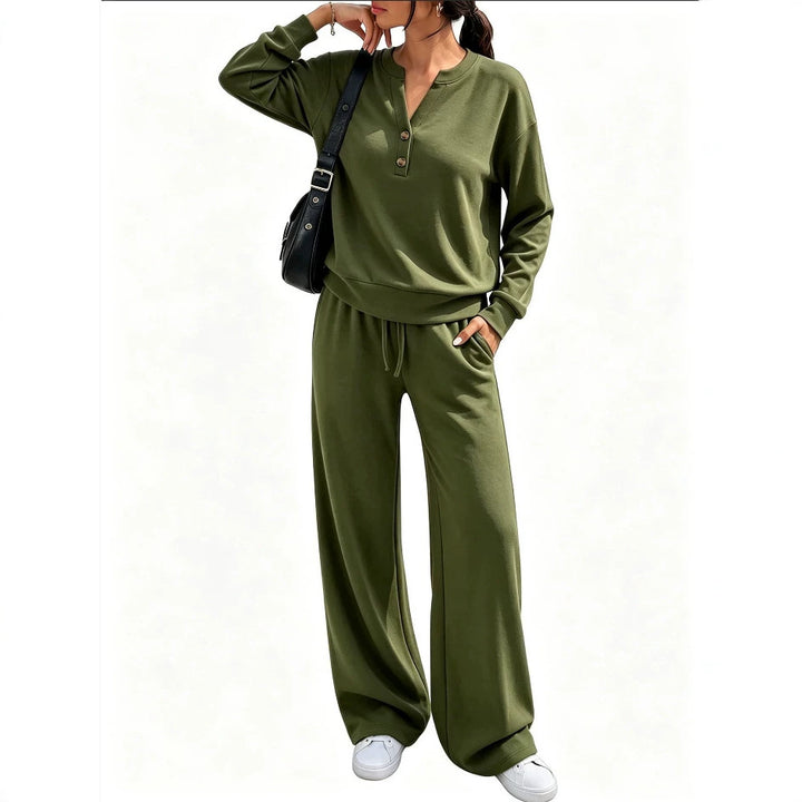 Damen Lounge-Set mit Henley-Kragen und palazzoweiter Jogginghose Drune