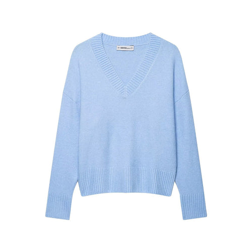Damen Oversize V-Ausschnitt Pullover mit überschnittenen Schultern und breitem Rippbund Drune