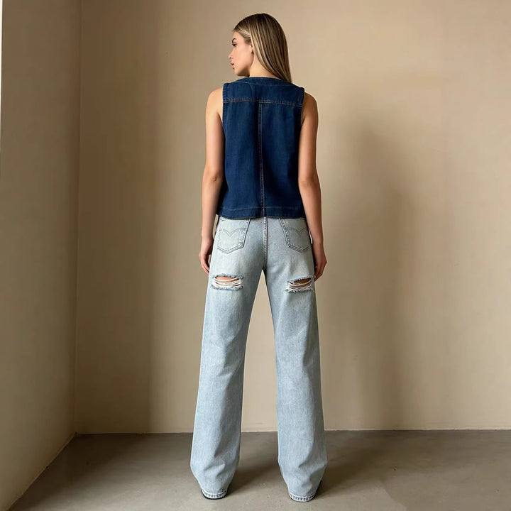 Damen lässige Denim-Weste mit Knopfdetails und aufgesetzten Taschen Drune