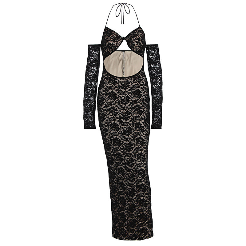 Damen aufregendes Spitzenkleid mit tiefem Rückenausschnitt und langem Arm Drune