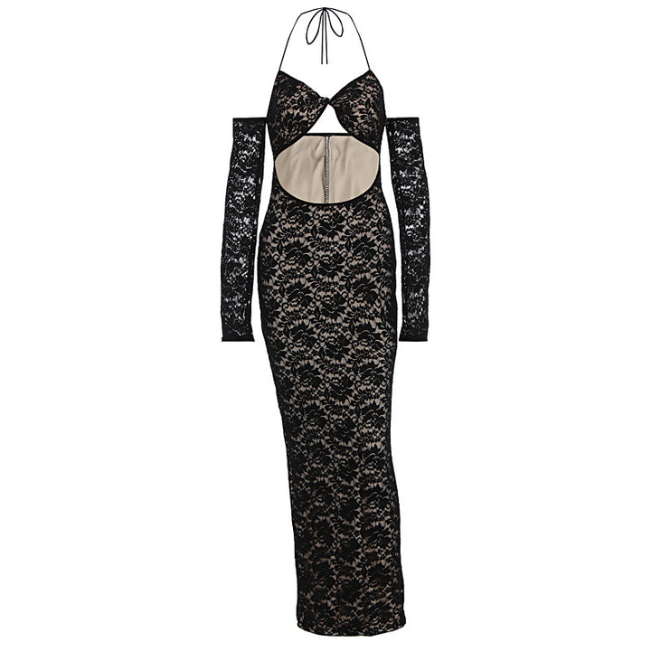 Damen aufregendes Spitzenkleid mit tiefem Rückenausschnitt und langem Arm Drune