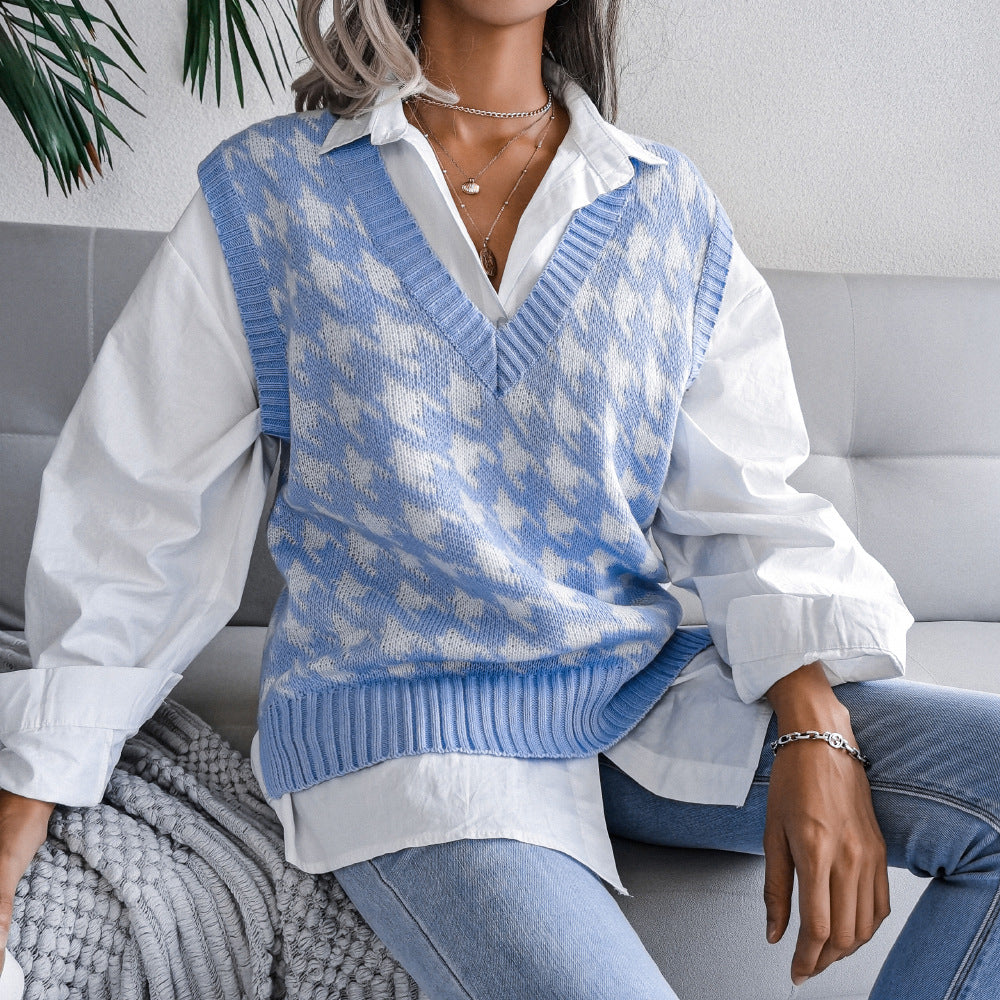 Damen Rippstrick-Weste mit V-Ausschnitt und Hahnentritt-Design Drune