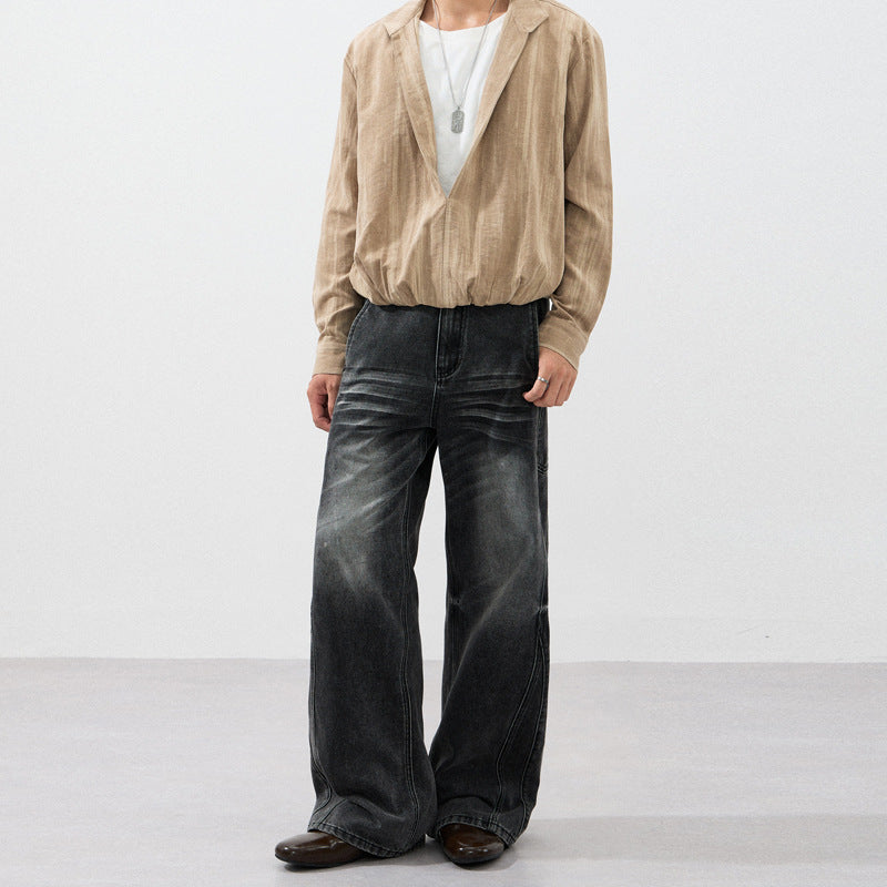 Herren Extraweite Skulpturale Denim‑Palazzohose mit Kniefalten und Teilungsnähten Drune
