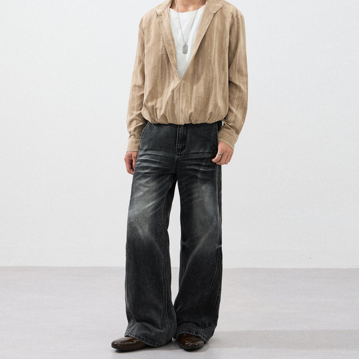 Herren Extraweite Skulpturale Denim‑Palazzohose mit Kniefalten und Teilungsnähten Drune