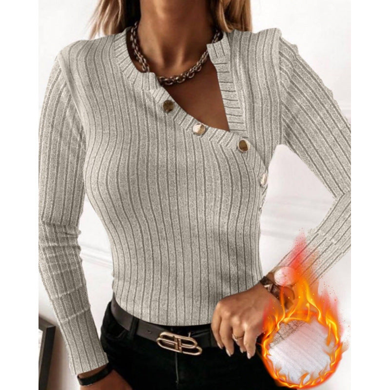 Damen Langarmshirt mit modischem Knopfdetail und Rippstruktur Drune