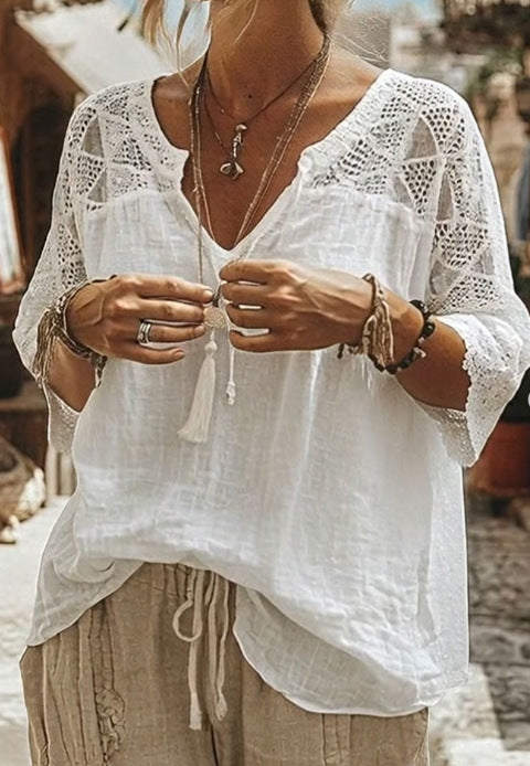 Damen nan locker fallende Tunika-Bluse im Boho-Stil mit gehäkelten Schulter- und Ärmeldetails Drune
