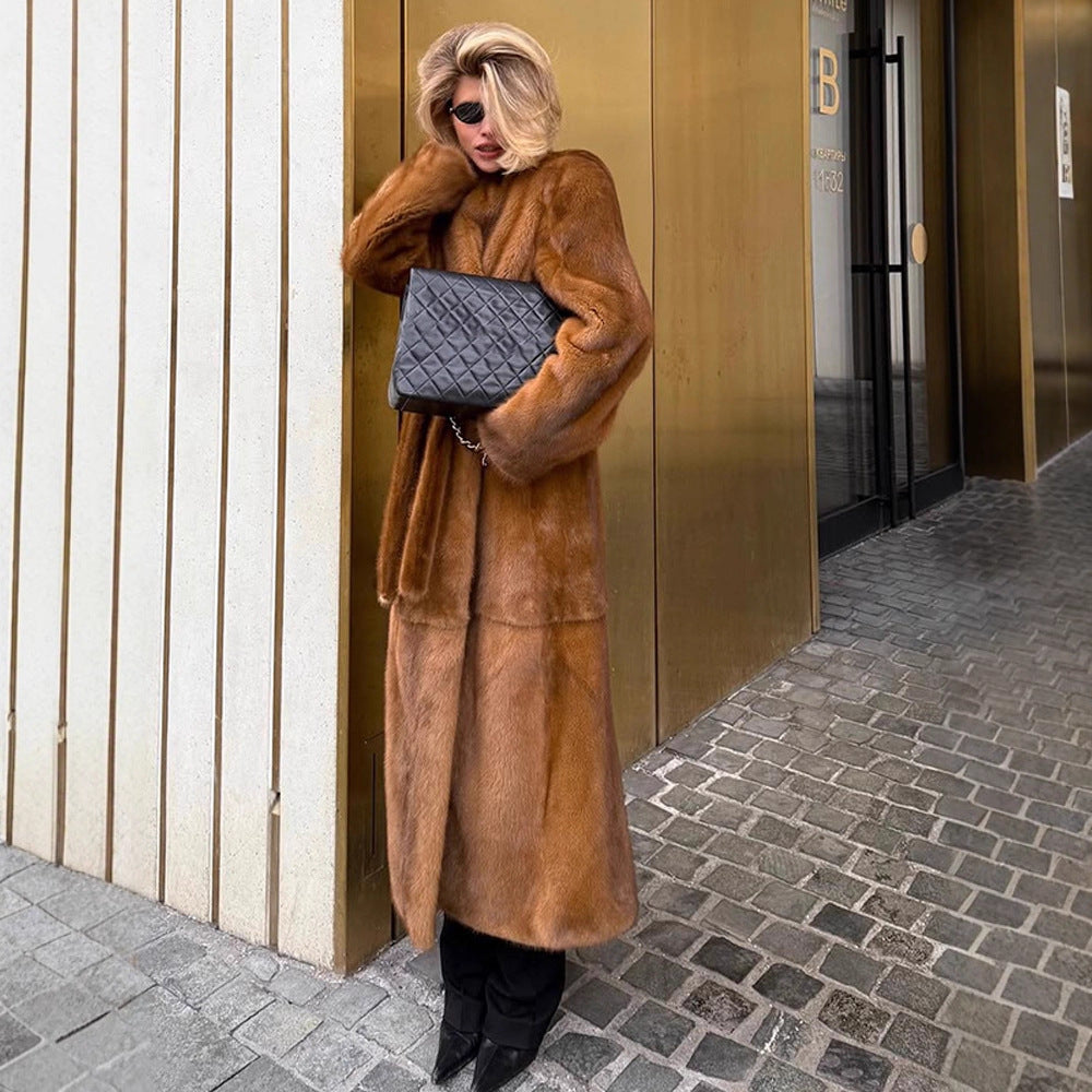 Damen Luxuriöser langer Pelzmantel mit Schalkragen und kaschierendem Oversize-Schnitt Drune