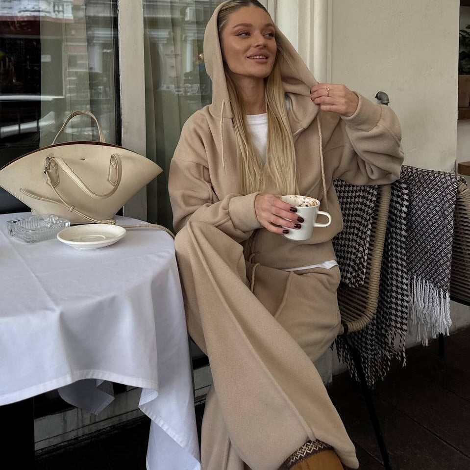 Damen Fleece-Lounge-Set mit kurzem Reißverschluss-Hoodie und taillenhoher Kordel-Jogginghose Drune