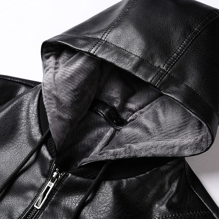Herren Lederimitat-Hoodiejacke mit Kapuze, Reißverschluss und schmaler Silhouette Drune