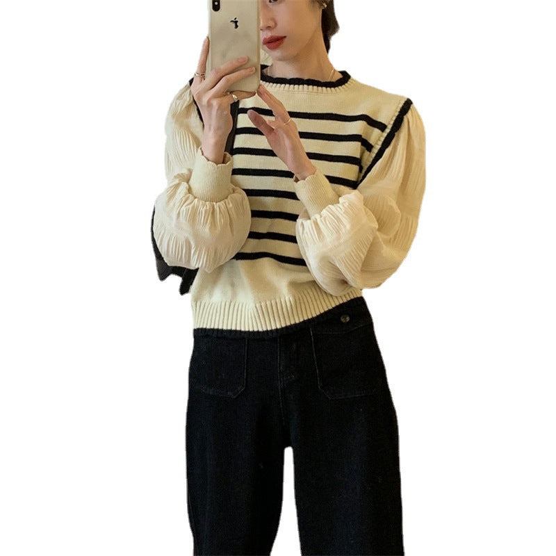 Damen Streifenpullover mit Puffärmeln und Rippdetails Drune