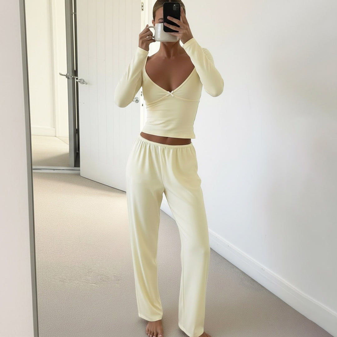 Damen Zweiteiliges Lounge-Set aus weichem Jersey mit Cropped V-Ausschnitt Oberteil und hochtaillierter Palazzohose Drune