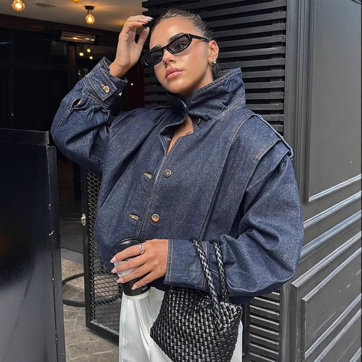 Damen Oversize Jeansblouson mit hohem Stehkragen, Druckknopfleiste und Schulter-Detail Drune