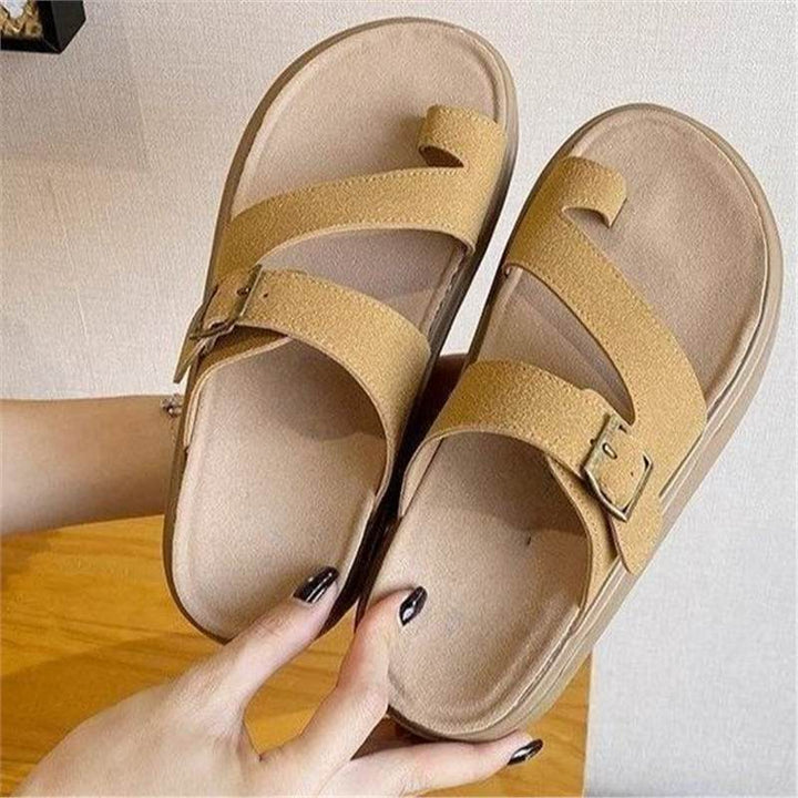 Damen Plateau-Sandalen mit Zehensteg, Kork‑Fußbett und verstellbarer Schnalle Drune