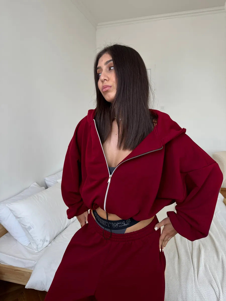 Damen kurzes Kapuzenzipper-Lounge-Set mit oversized Ärmeln und weitem Jogginghose-Schnitt Drune