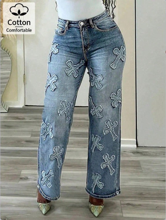 Damen Hochtaillierte gerade geschnittene Jeanshose mit Kreuzapplikationen aus Baumwoll-Jeansstoff Drune