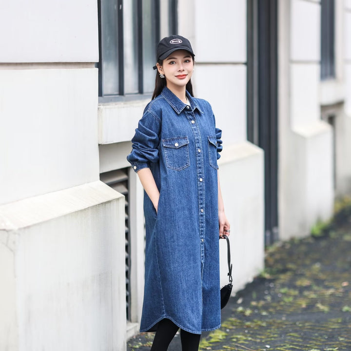 Damen Langes Denim-Hemdblusenkleid mit Knopfleiste und Brusttaschen Drune