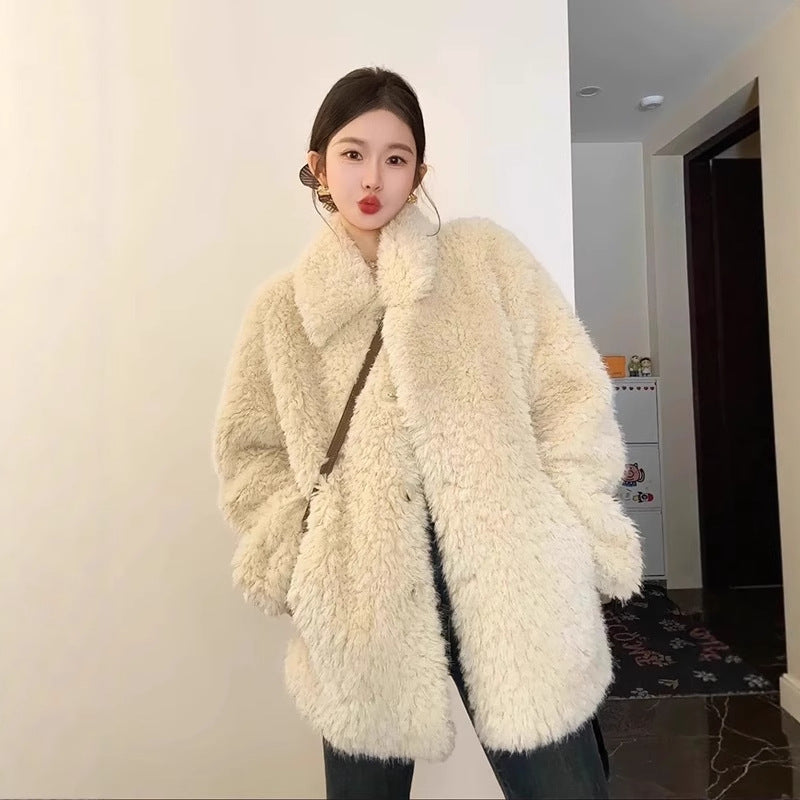 Damen Oversize Teddyfell‑Mantel mit Schalkragen und verdeckter Knopfleiste Drune