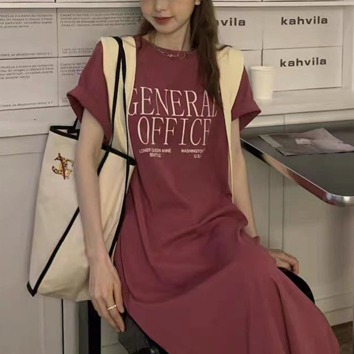 Damen Casual T-Shirt Kleid mit kreativem Schriftzug Drune