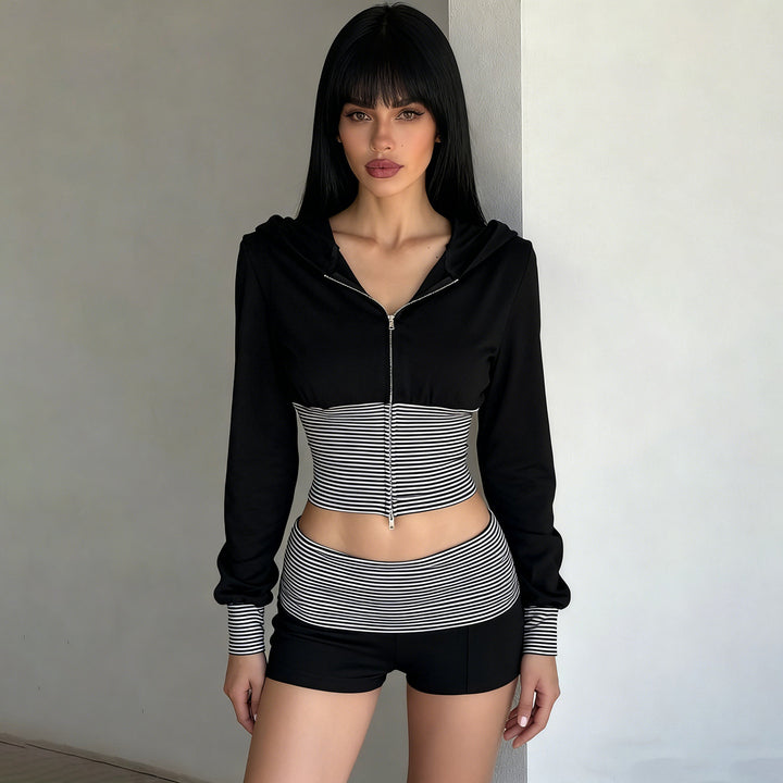 Damen nan kurz geschnittenes Lounge-Set mit Kapuzen-Cropped-Zip und gestreiften Highwaist-Shorts Drune