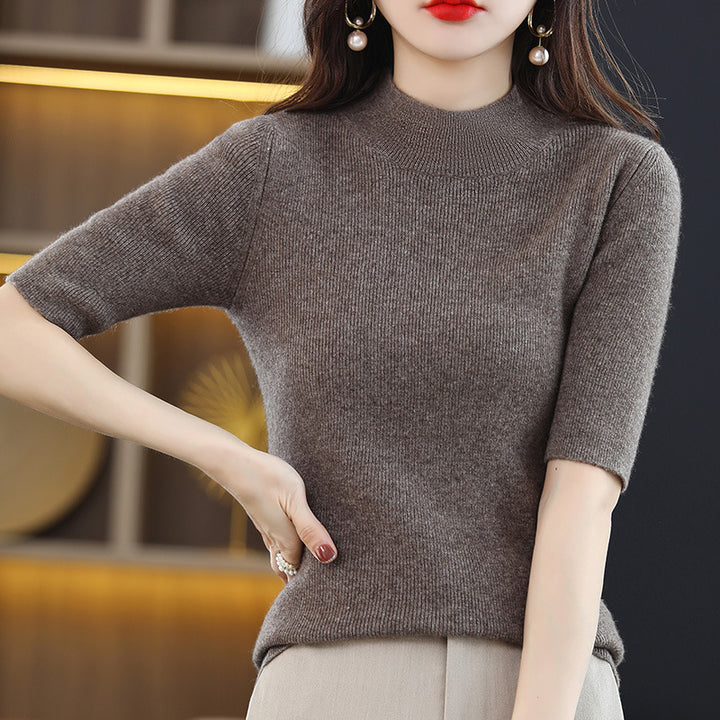 Damen Kurzarm-Feinstrickpullover mit Stehkragen und taillierter Passform Drune