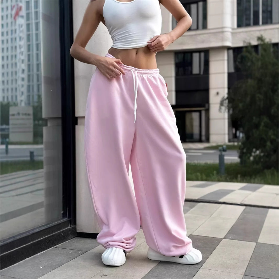 Damen oversized Fleece-Sweathose mit tiefem Schritt, Kordelzugbund und lässiger Streetwear-Passform Drune