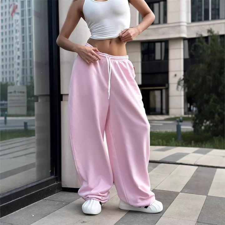 Damen oversized Fleece-Sweathose mit tiefem Schritt, Kordelzugbund und lässiger Streetwear-Passform Drune