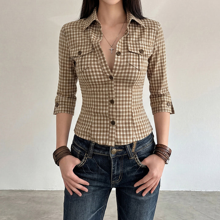 Damen nan taillierte Dreiviertelarm Karobluse mit Brustpattentaschen und Hemdkragen Drune