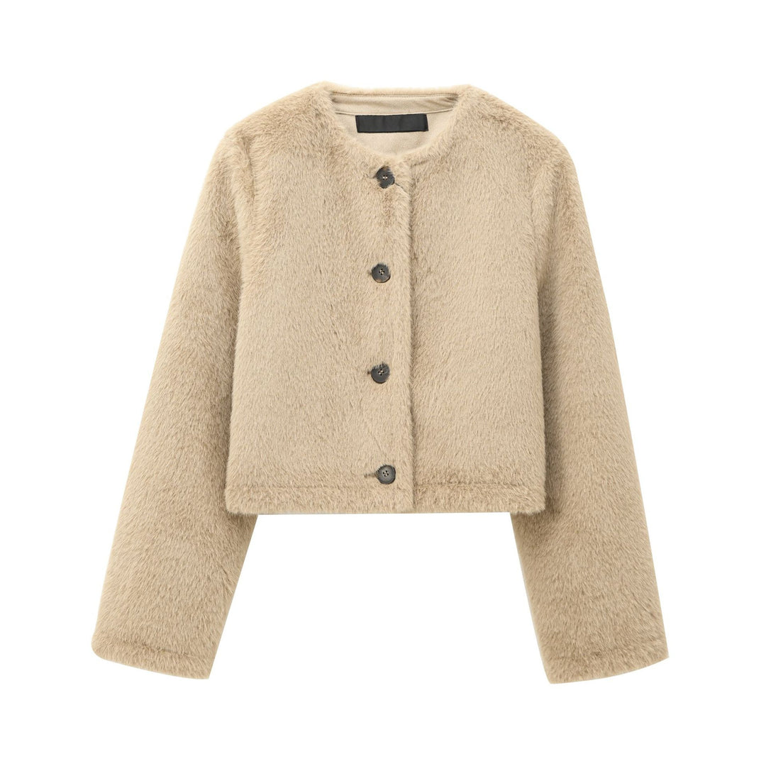 Damen nan kurz geschnittene Teddyjacke mit Rundhalsausschnitt Knopfleiste und aufgesetzten Taschen Drune