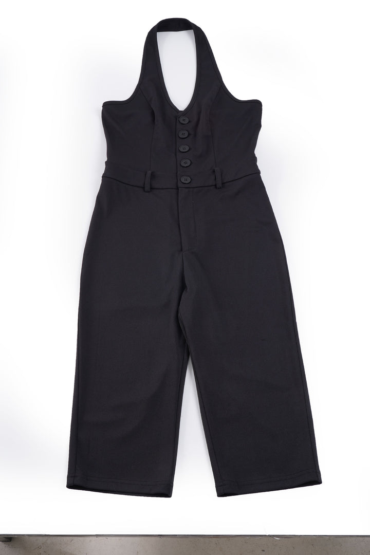 Damen figurbetonter Jumpsuit mit elegantem Halterneck und Knopfleiste Drune