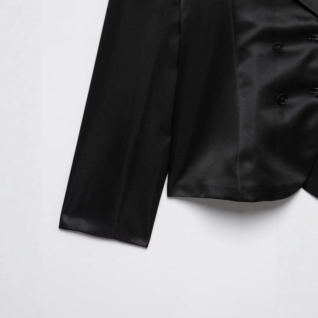 Damen Satin-Blazerjacke mit Mandarinkragen und Zierfroschknöpfen Drune