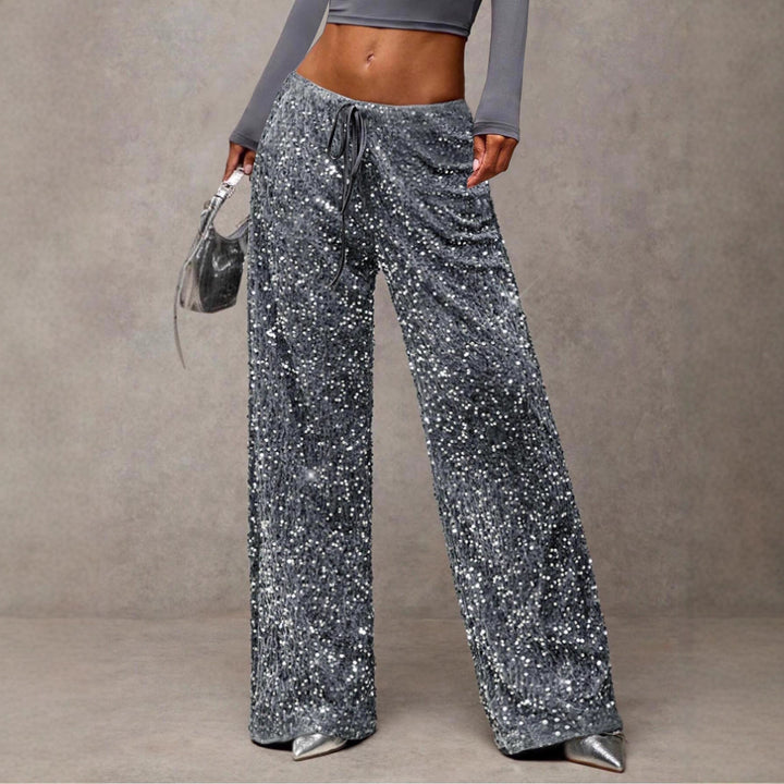 Damen Pailletten-Palazzohose mit hohem Bund und Kordelzug Drune