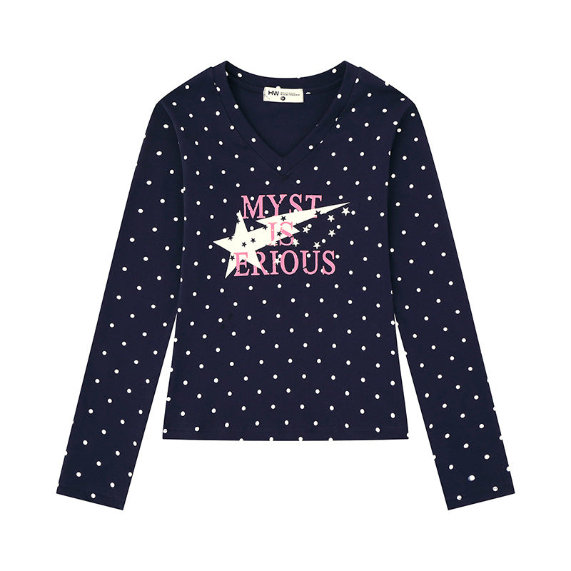 Damen Langarmshirt mit V-Ausschnitt, Polka-Dots und Statement-Print aus Baumwolljersey Drune