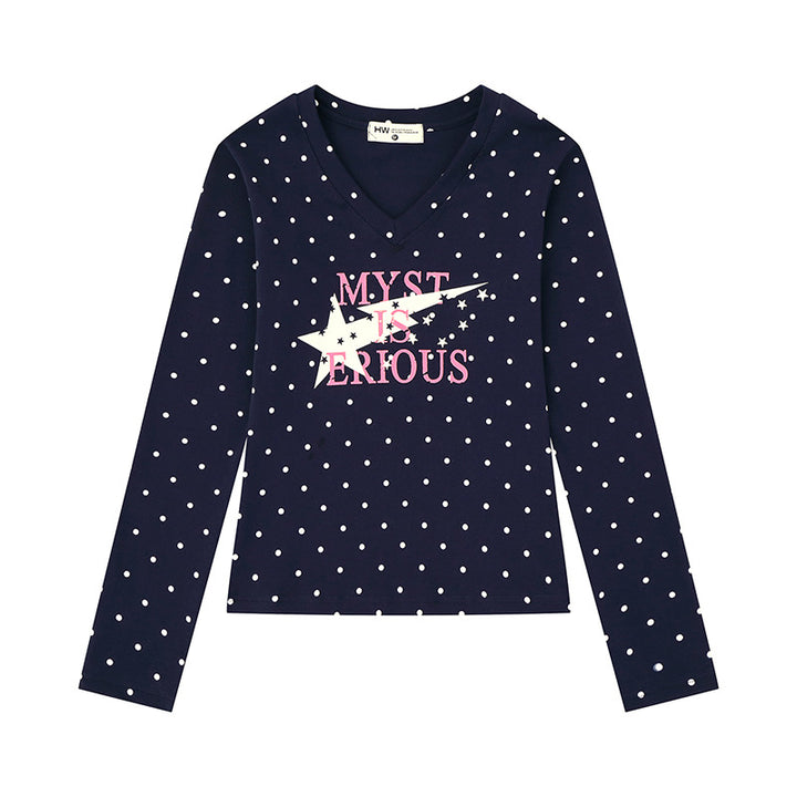Damen Langarmshirt mit V-Ausschnitt, Polka-Dots und Statement-Print aus Baumwolljersey Drune