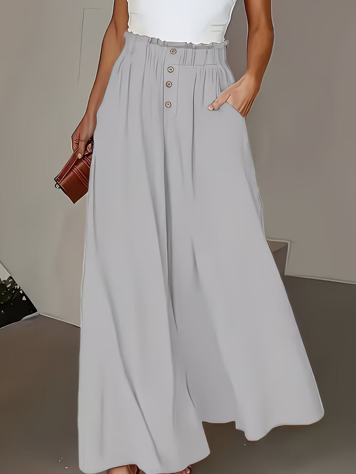 Damen weite Leinenhose mit hohem, gerafftem Bund und Knopfverzierung Drune
