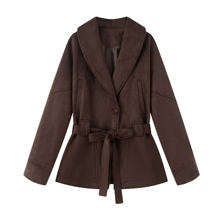 Damen modische Kunstlederjacke mit tailliertem Schnitt und breitem Revers Drune