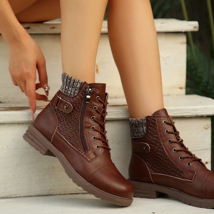 Damen nan knöchelhohe Schnürstiefelette mit Strickschaft, Seitenreißverschluss und profilierter Gummisohle Drune