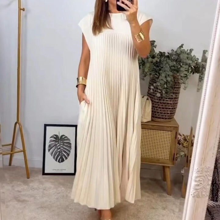 Damen nan fließendes plissiertes Maxikleid mit überschnittenen Schultern und Eingrifftaschen Drune