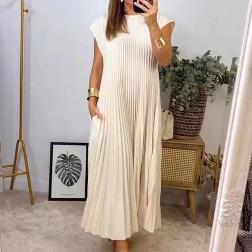 Damen nan fließendes plissiertes Maxikleid mit überschnittenen Schultern und Eingrifftaschen Drune