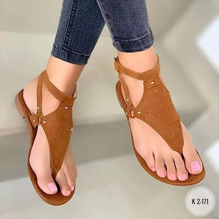 Damen T‑Riemen Sandalen mit Knöchelriemen, Veloursoptik und flacher Komfortsohle Drune