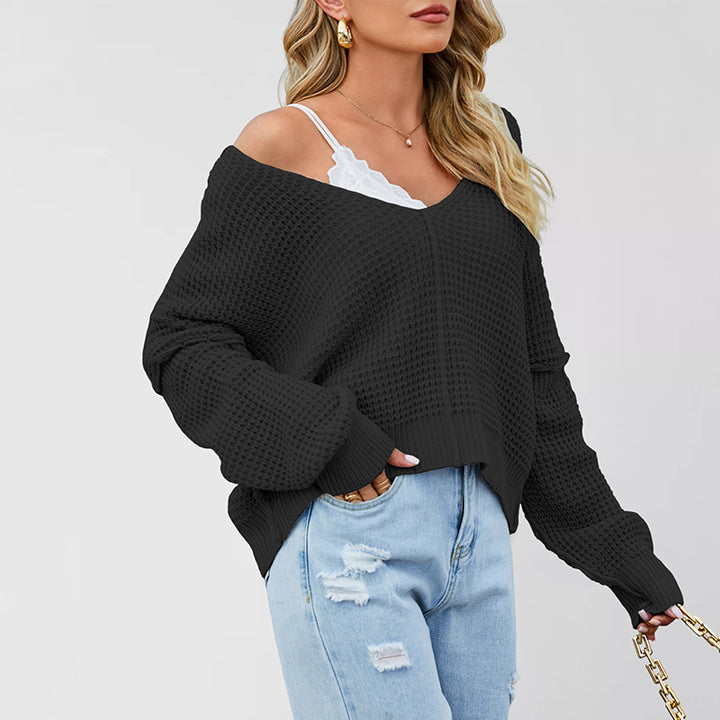 Damen lässiger V-Ausschnitt Strickpullover mit offenen Schultern und strukturiertem Design Drune