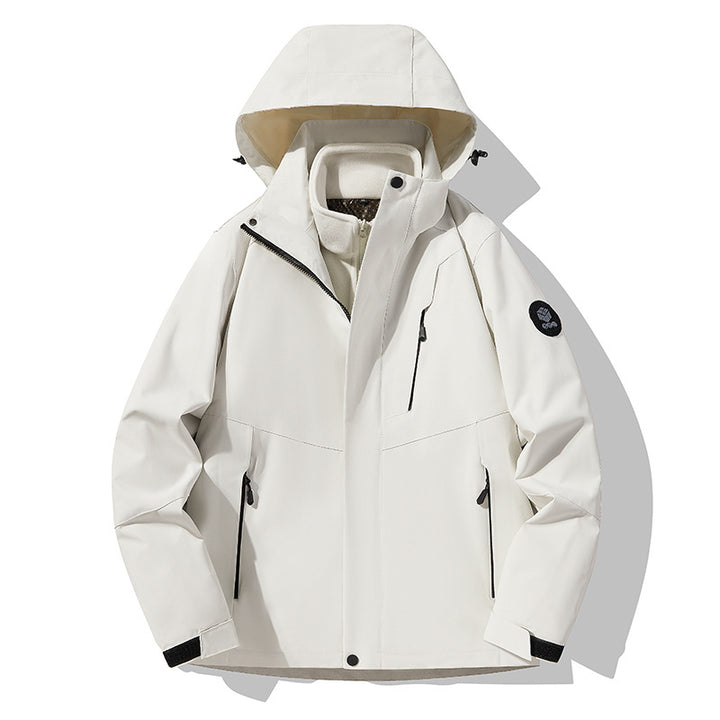 Herren dreilagige atmungsaktive Softshell-Trekkingjacke mit integriertem Fleecekragen und verstellbarer Kapuze Drune